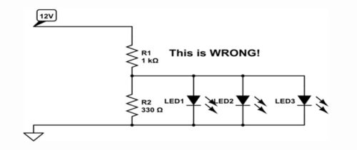 Схема подключения светодиода на 12В в более сложных и мощных устройствах